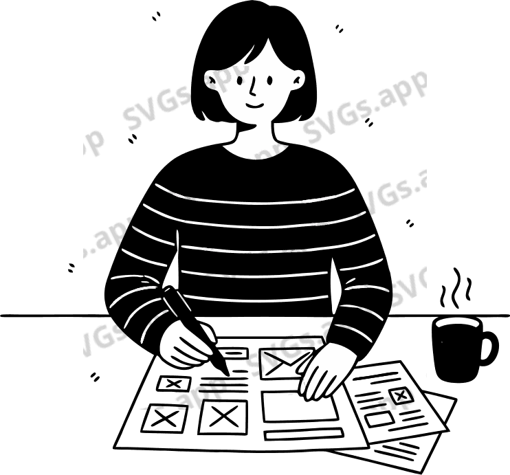 Woman drawing wireframes on paper for UI design. - Free AI SVG Vector Illustration