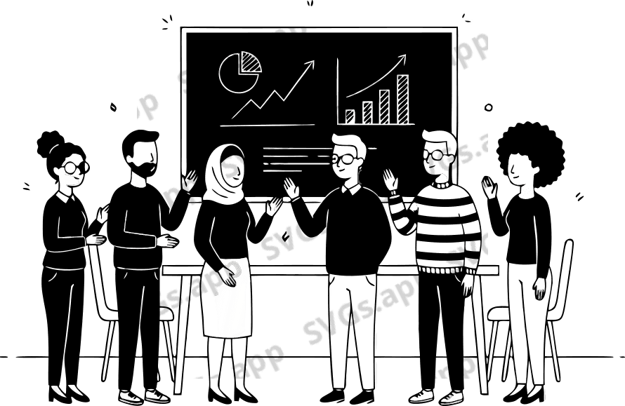 Group of professionals standing near a large digital screen presenting charts and graphs, corporate meeting room, modern minimalist design, business analysis and discussion concept, 3D vector style, white-blue color scheme, clean lighting. - Free AI SVG Vector Illustration