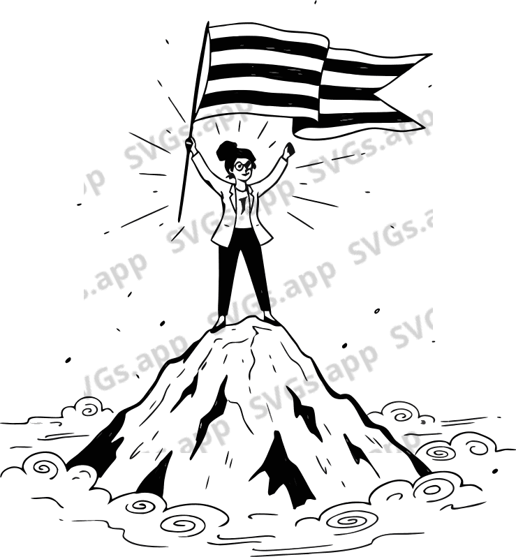 Business leader standing on top of a mountain peak holding a flag, sunrise lighting, concept of leadership, achievement, and motivation, cinematic 3D illustration, inspiring and energetic tone. - Free AI SVG Vector Illustration