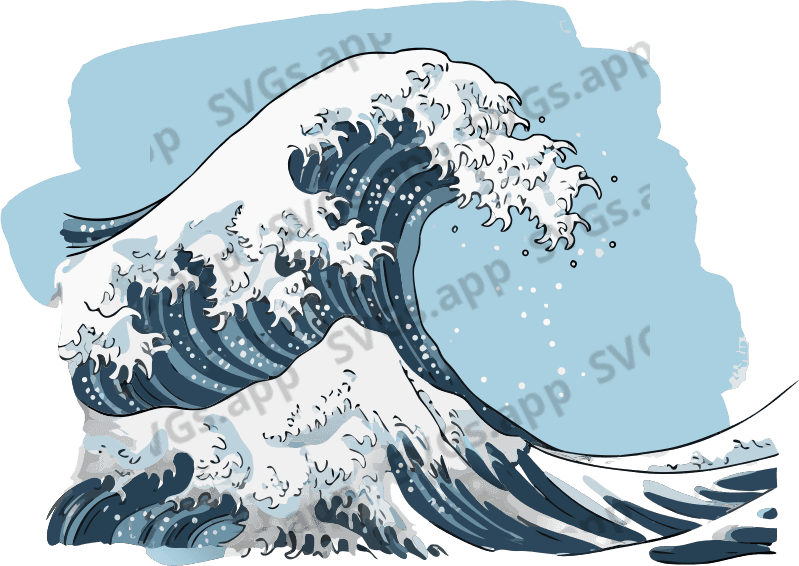 A vibrant wave draws the eye with its dynamic, curling form, accentuated by bold outlines and shades of blue. The crest of the wave is frothy and white, suggesting the energy and movement of the ocean, while the rolling body of water beneath transitions into deeper blue hues, conveying depth and fluidity. Against a clean, light background, the wave's design evokes a sense of freshness and vitality, capturing the essence of ocean life. The illustration has a playful yet striking aesthetic, reminiscent of traditional Japanese art, inviting viewers to appreciate the beauty and power of nature's waves. - Free AI SVG Vector Illustration