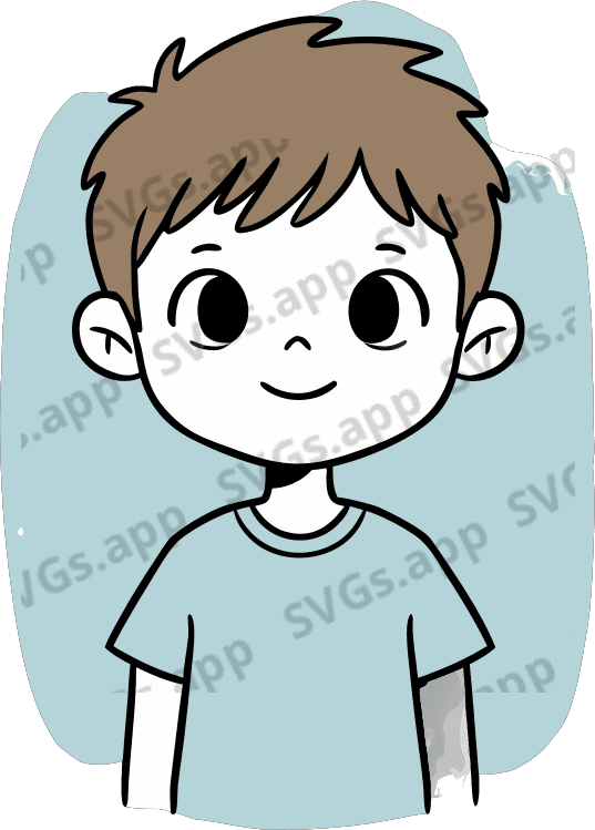 A friendly cartoon-style illustration of a young boy with light skin, short brown hair, and big expressive black eyes. He has a small smile and is wearing a light blue shirt. The background is plain white, and the overall art style is clean, flat, and minimalistic with soft colors and rounded shapes. - Free AI SVG Vector Illustration