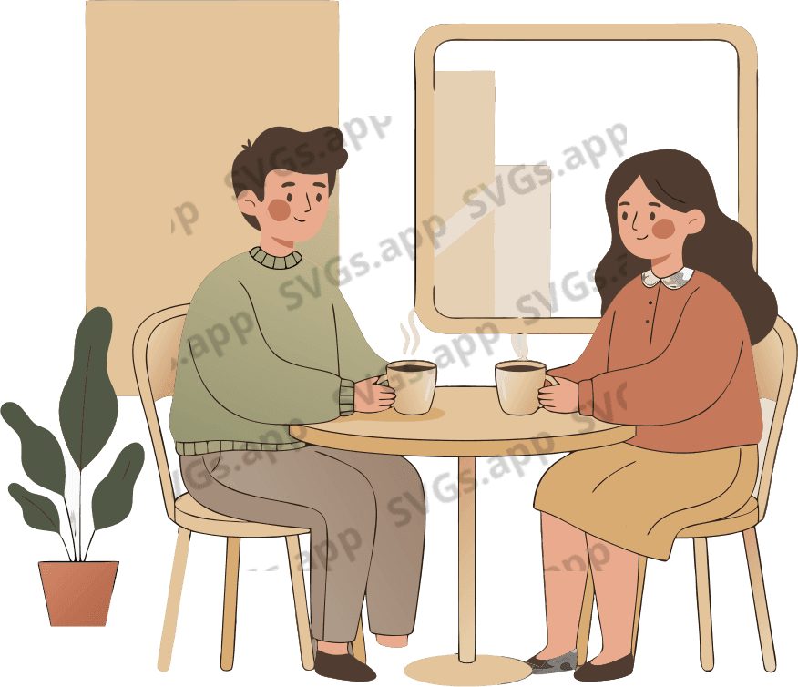 boy and girl drink coffee in cafe - Free AI SVG Vector Illustration