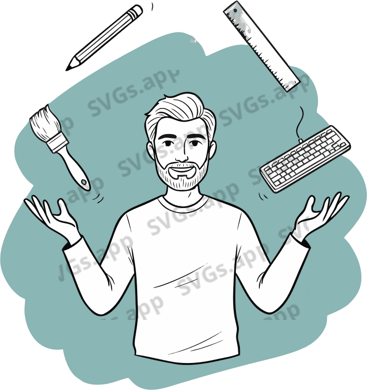 Guy with beard juggling with pencil, brush, ruler and keyboard - Free AI SVG Vector Illustration