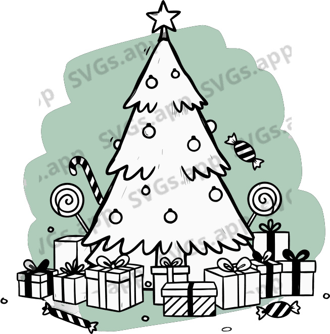 a christmas tree surrounded with gift boxes and candys - Free AI SVG Vector Illustration