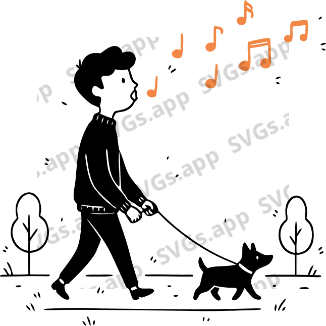 Make a guy walking his dog in the park and whistling. As he is whistleing, from his mouth musical notes are flying out that have orange color. Please add like 5-7 musical notes. [OVERRIDE] The musical notes must be orange color!!!
The guy is walking in RIGHT direction - Free AI SVG Vector Illustration