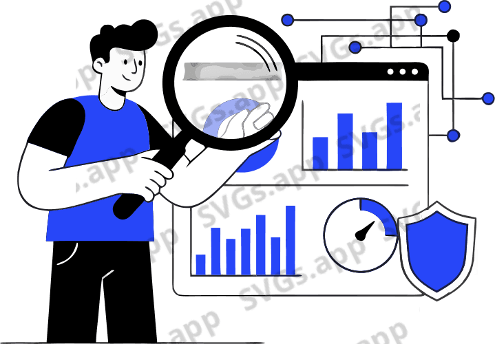 Include a stylized dashboard/monitor in the background, a shield icon, and a subtle network of nodes — but keep instructions minimal: focus on the character + magnifying glass as the main visual. Use only vector primitives (path, rect, circle, group). No text or logos. Provide named groups/layers: character, magnifier, dashboard, shield, network, background. Color palette limited to #0E233D (primary) and #42A5F5 (accent); allow neutral grays only if strictly necessary. Flat geometric style, clean strokes, rounded line-caps, minimal shadows. Ensure all major shapes are separate paths/groups for easy editing.
 - Free AI SVG Vector Illustration