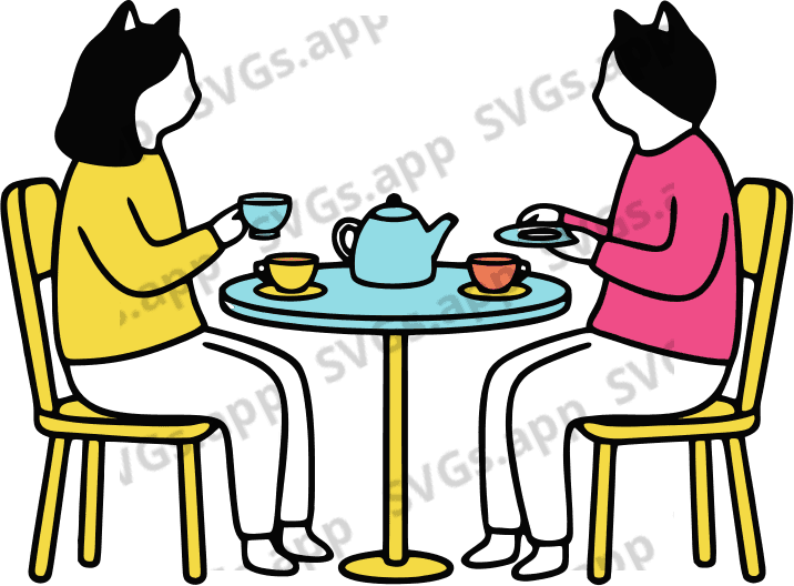 Two cats enjoying five o’clock tea at a small table , with all props  - Free AI SVG Vector Illustration