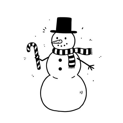 Snow man holding a candy cane