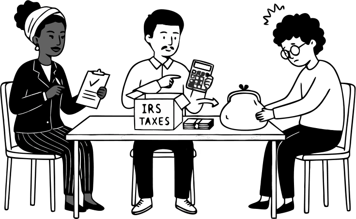An IRS agent collecting taxes from a drained entrepreneur  - Free AI SVG Vector Illustration and PNG