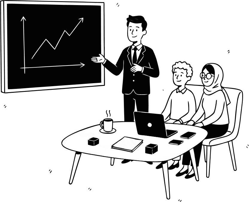 A businessman, smile while explaining a project to clients, he is standing, and the others are seated.  - Free AI SVG Vector Illustration and PNG