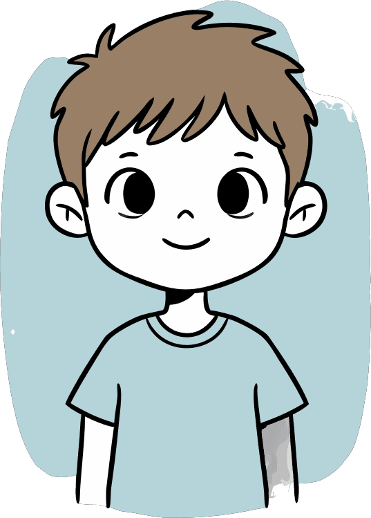 A friendly cartoon-style illustration of a young boy with light skin, short brown hair, and big expressive black eyes. He has a small smile and is wearing a light blue shirt. The background is plain white, and the overall art style is clean, flat, and minimalistic with soft colors and rounded shapes. - Free AI SVG Vector Illustration and PNG