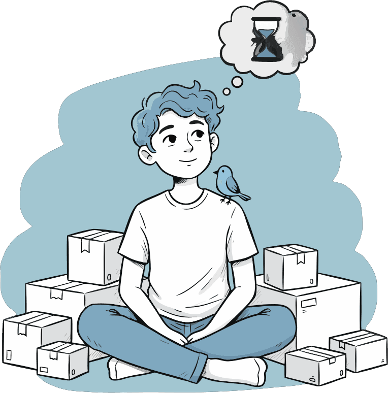 a boy with blue (#008ae6) hairs and blue pants and white shirt and a blue bird on his shoulder siting on the ground, lots of carbord box is on ground, he is waiting for his first order, on his head is a bubble and in it is a hourglass icon - Free AI SVG Vector Illustration and PNG