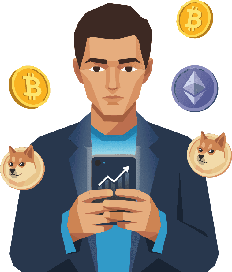 Create an image of person holding mobile and outside the image show some crypto coins - Free AI SVG Vector Illustration and PNG
