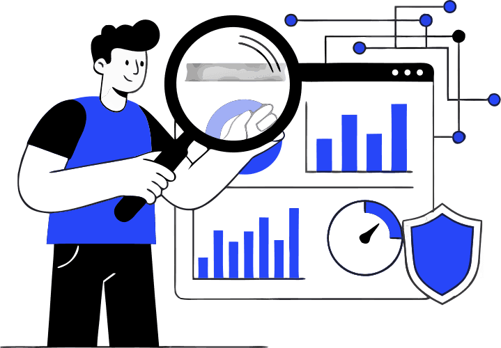 Include a stylized dashboard/monitor in the background, a shield icon, and a subtle network of nodes — but keep instructions minimal: focus on the character + magnifying glass as the main visual. Use only vector primitives (path, rect, circle, group). No text or logos. Provide named groups/layers: character, magnifier, dashboard, shield, network, background. Color palette limited to #0E233D (primary) and #42A5F5 (accent); allow neutral grays only if strictly necessary. Flat geometric style, clean strokes, rounded line-caps, minimal shadows. Ensure all major shapes are separate paths/groups for easy editing.
 - Free AI SVG Vector Illustration and PNG