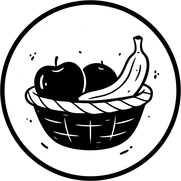 Minimal vector icon inside a circular badge: a fruit basket. Use bold clean outline, 2–3 large fruits only (apple, banana, orange), no small details, no texture, no shadows, no gradients. Single accent color + black outline. Plenty of negative space. Centered composition. Flat SVG style. - Free AI SVG Vector Illustration and PNG