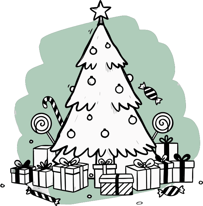 a christmas tree surrounded with gift boxes and candys - Free AI SVG Vector Illustration and PNG