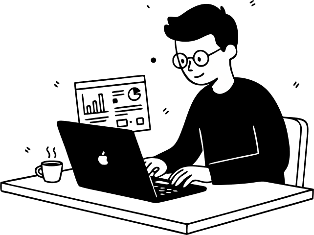 A man sitting in front of computer typing it. The screen of computer is showing the dashboard - Free AI SVG Vector Illustration and PNG