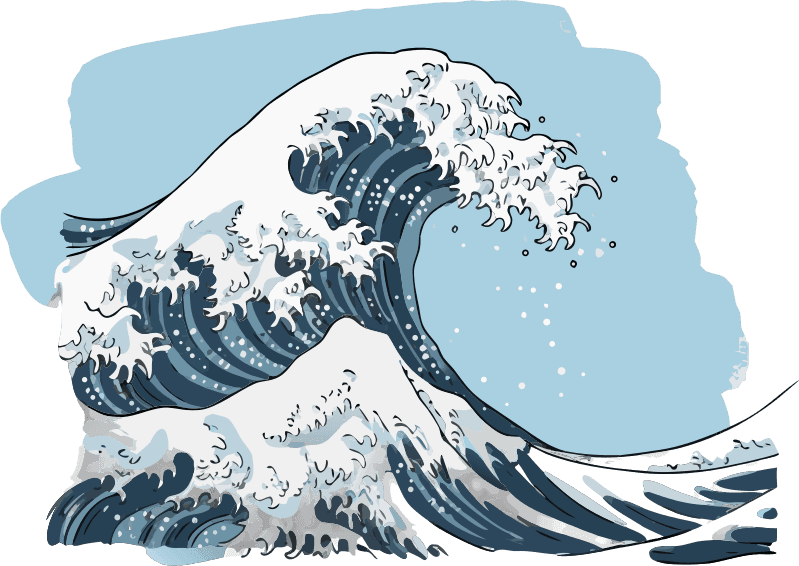 A vibrant wave draws the eye with its dynamic, curling form, accentuated by bold outlines and shades of blue. The crest of the wave is frothy and white, suggesting the energy and movement of the ocean, while the rolling body of water beneath transitions into deeper blue hues, conveying depth and fluidity. Against a clean, light background, the wave's design evokes a sense of freshness and vitality, capturing the essence of ocean life. The illustration has a playful yet striking aesthetic, reminiscent of traditional Japanese art, inviting viewers to appreciate the beauty and power of nature's waves. - Free AI SVG Vector Illustration and PNG