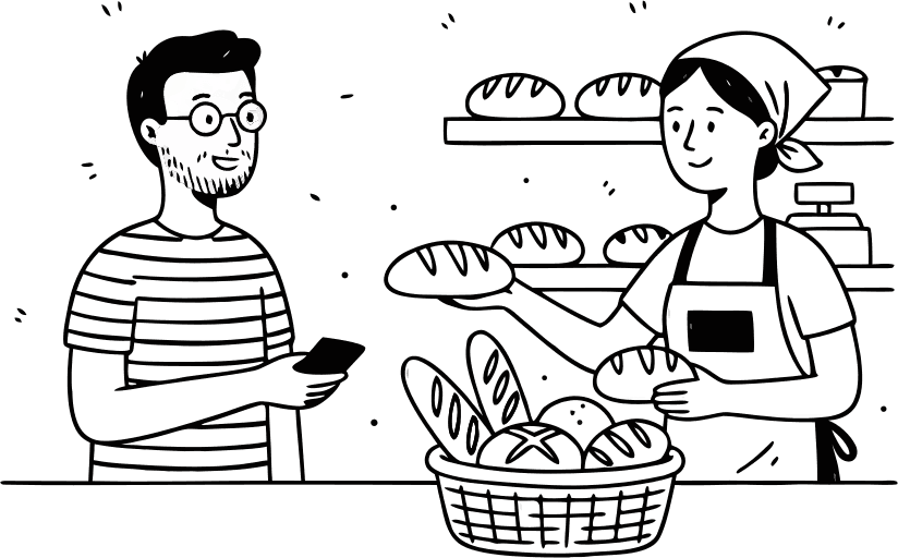 Cutstomer buying bread from bakery - Free AI SVG Vector Illustration and PNG