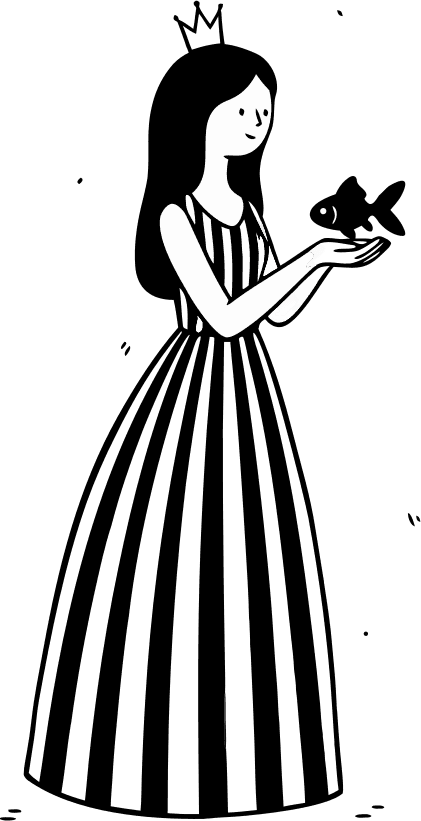 A princess looking at the right-side,  while holding a goldfish in her hand, the princess wearing a crown and a dress - Free AI SVG Vector Illustration and PNG
