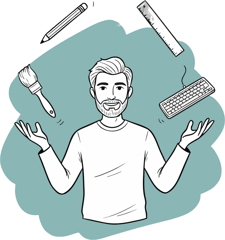 Guy with beard juggling with pencil, brush, ruler and keyboard - Free AI SVG Vector Illustration and PNG
