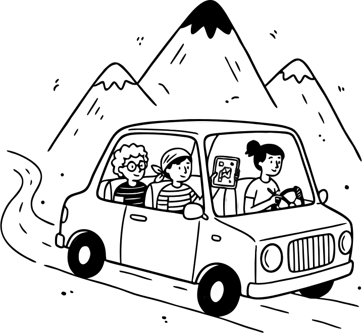 a creative team in a car in mountain - Free AI SVG Vector Illustration and PNG