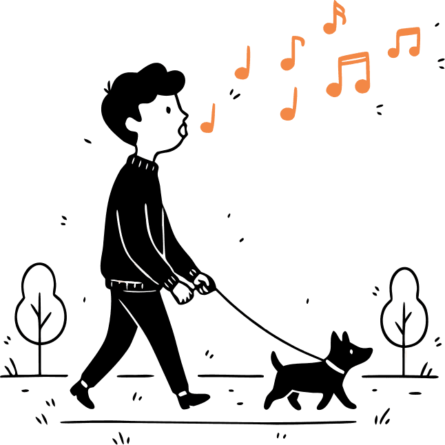 Make a guy walking his dog in the park and whistling. As he is whistleing, from his mouth musical notes are flying out that have orange color. Please add like 5-7 musical notes. [OVERRIDE] The musical notes must be orange color!!!
The guy is walking in RIGHT direction - Free AI SVG Vector Illustration and PNG