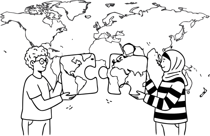 Two diverse professionals connecting puzzle pieces shaped like continents, representing global business connection and cross-border partnership, modern world map background, blue and white color scheme, semi-flat vector illustration, clean design for corporate slides. - Free AI SVG Vector Illustration and PNG