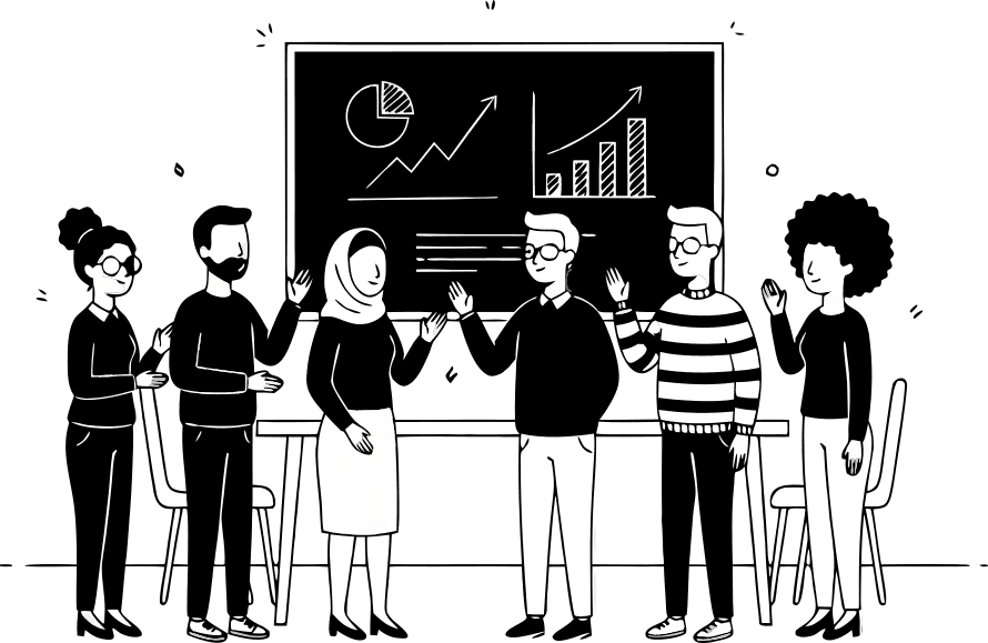 Group of professionals standing near a large digital screen presenting charts and graphs, corporate meeting room, modern minimalist design, business analysis and discussion concept, 3D vector style, white-blue color scheme, clean lighting. - Free AI SVG Vector Illustration and PNG