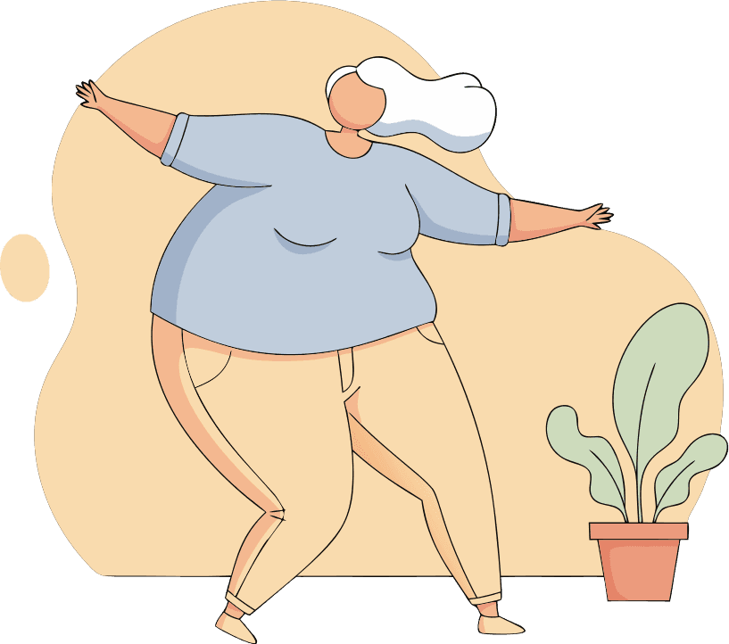 Make a lady with white hair, comically large body and small head, modern style. Pale blue and pale orange colors. The lady is striking a funny pose. The lady is wearing long sleeve t-shirt and jeans - Free AI SVG Vector Illustration and PNG