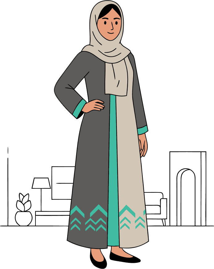 create a professional illustrated Saudi young woman character, early 20s, wearing a modest modern abaya and hijab in neutral colors, friendly elegant expression, soft natural makeup, confident posture, warm olive skin tone, medium-length dark hair under the hijab, realistic proportions, premium vector style, soft shadows, clean highlights, high-end illustration, cinematic lighting, minimal luxurious background related to housing & lifestyle, consistent character style required, full-body, high resolution. - Free AI SVG Vector Illustration and PNG