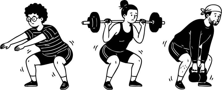 3 athletes doing squatscwith bad pòsture - Free AI SVG Vector Illustration and PNG