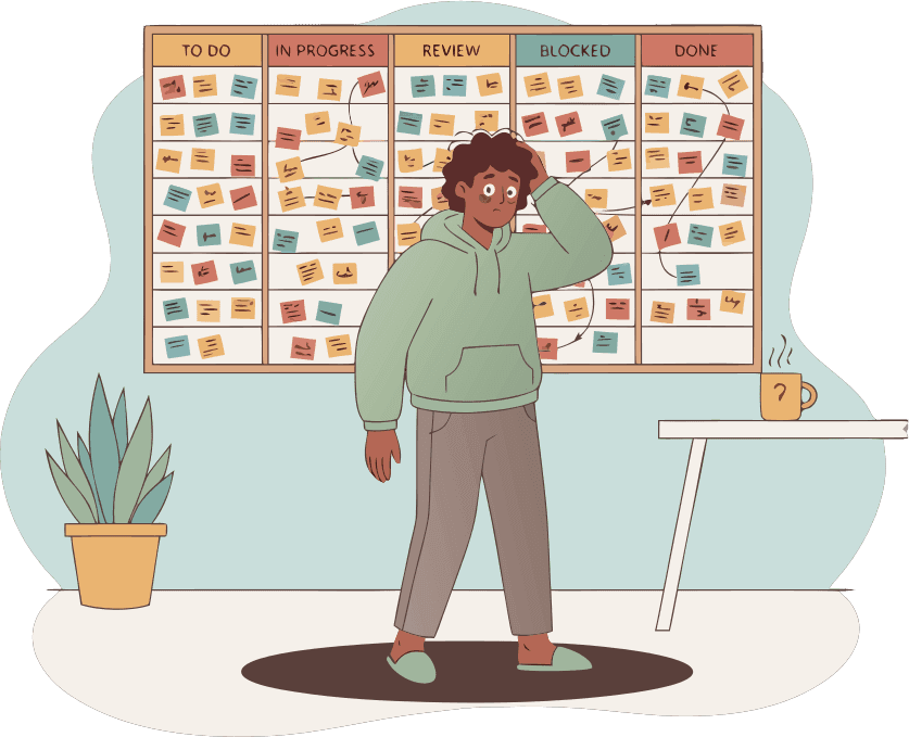 a disoriented developer staring at a kanban board - Free AI SVG Vector Illustration and PNG