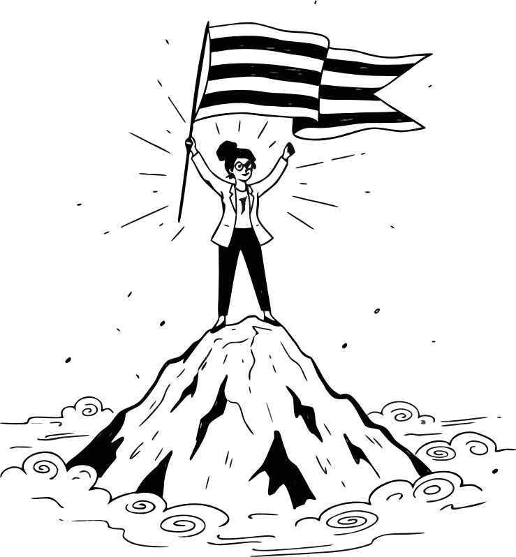 Business leader standing on top of a mountain peak holding a flag, sunrise lighting, concept of leadership, achievement, and motivation, cinematic 3D illustration, inspiring and energetic tone. - Free AI SVG Vector Illustration and PNG