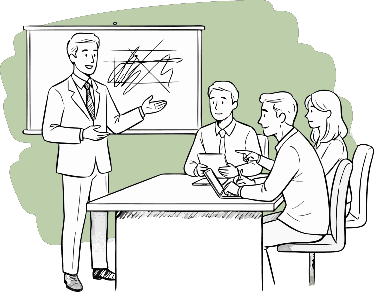 A businessman, smile while explaining a project to clients, he is standing, and the others are seated. - Free AI SVG Vector Illustration and PNG