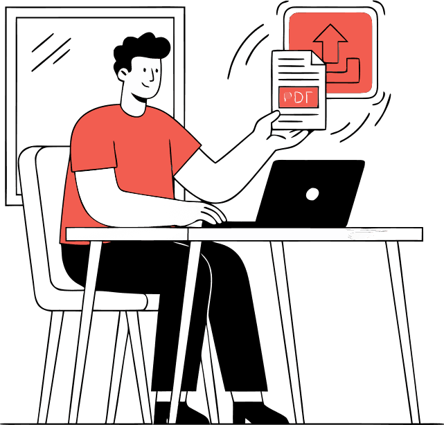 A minimal, modern illustration of a person effortlessly dragging a document into a floating interface. The person is relaxed and focused, seated at a clean desk with a laptop, while a PDF icon smoothly glides from their hand into a glowing upload area. The interface feels lightweight and friendly, with soft gradients and subtle motion cues suggesting ease and speed. No clutter, no complexity—just a single, intuitive action. Style is flat-meets-soft-3D, neutral color palette with gentle accent colors, conveying clarity, trust, and zero friction.
e13430 - Free AI SVG Vector Illustration and PNG
