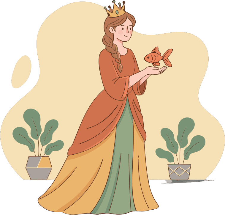 A princess looking at the right-side,  while holding a goldfish in her hand, the princess wearing a crown and a dress - Free AI SVG Vector Illustration and PNG