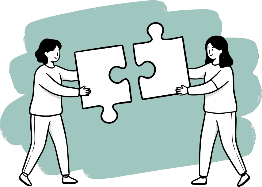 Two people connecting two large puzzle pieces. - Free AI SVG Vector Illustration and PNG