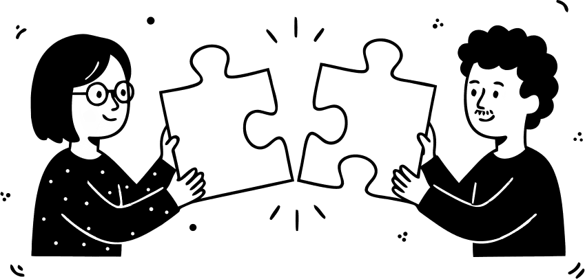 Two people connecting two large puzzle pieces. - Free AI SVG Vector Illustration and PNG