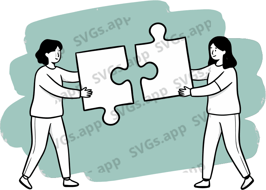 Two people connecting two large puzzle pieces. - Free AI SVG Vector Illustration