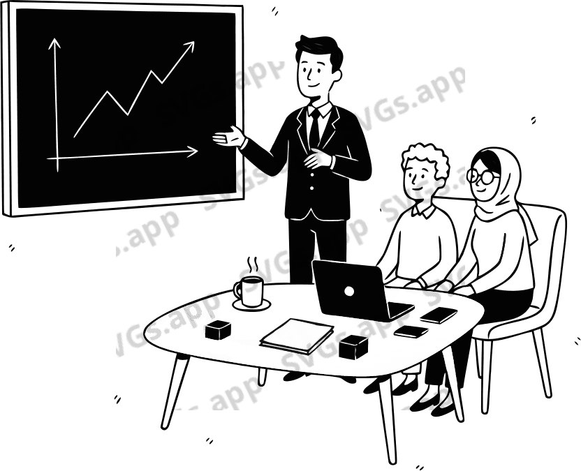 A businessman, smile while explaining a project to clients, he is standing, and the others are seated. - Free AI SVG Vector Illustration