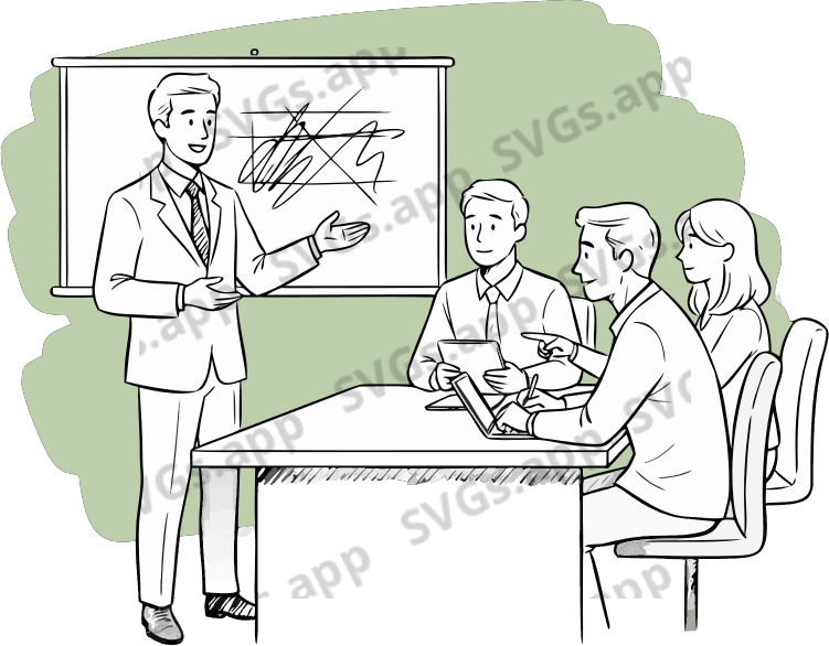 A businessman, smile while explaining a project to clients, he is standing, and the others are seated. - Free AI SVG Vector Illustration