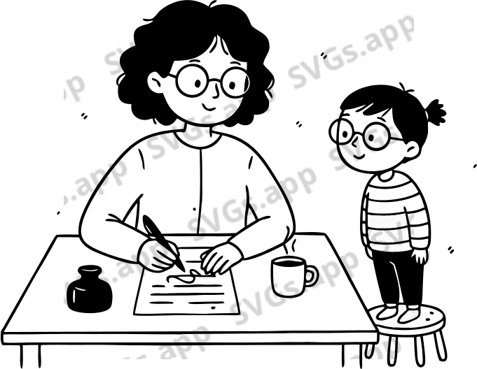 a parent signing a letter for her child's school while the child looks on. - Free AI SVG Vector Illustration