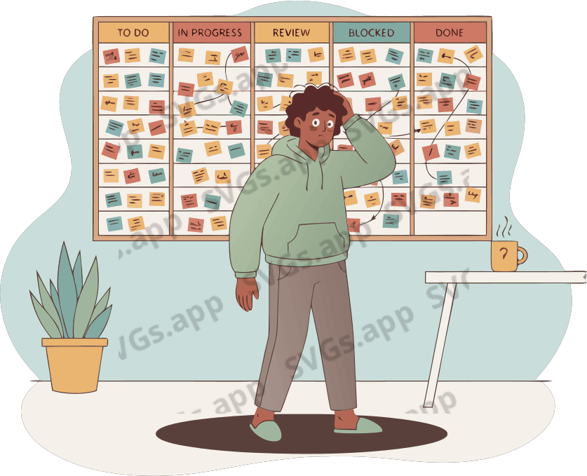 a disoriented developer staring at a kanban board - Free AI SVG Vector Illustration