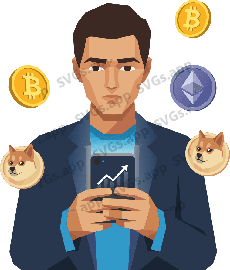 Create an image of person holding mobile and outside the image show some crypto coins - Free AI SVG Vector Illustration