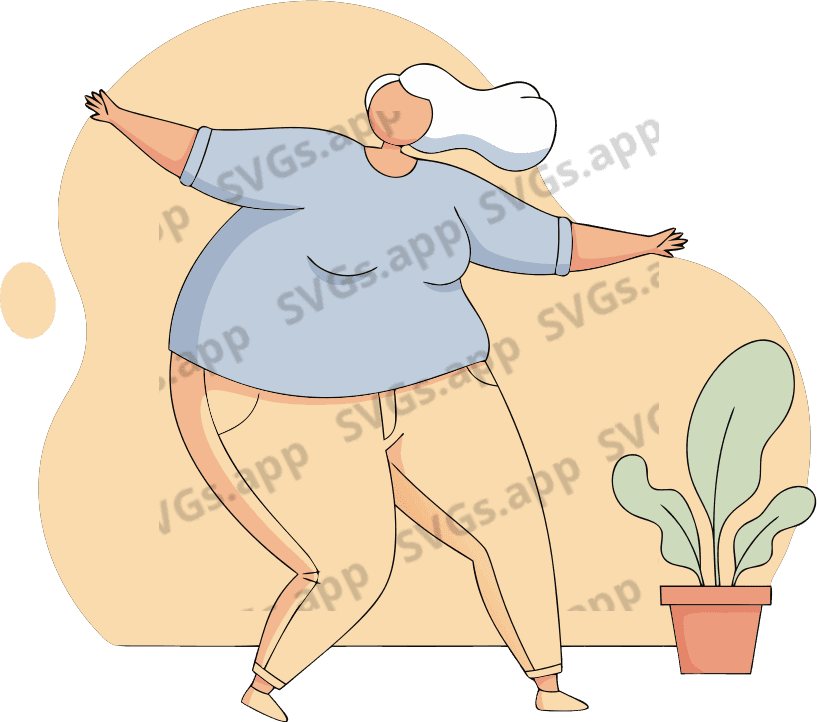 Make a lady with white hair, comically large body and small head, modern style. Pale blue and pale orange colors. The lady is striking a funny pose. The lady is wearing long sleeve t-shirt and jeans - Free AI SVG Vector Illustration