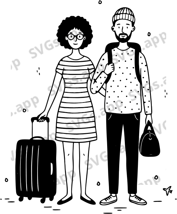 a couple traveling with luggage bags - Free AI SVG Vector Illustration