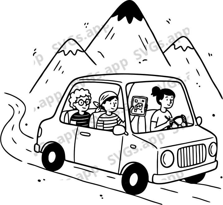 a creative team in a car in mountain - Free AI SVG Vector Illustration
