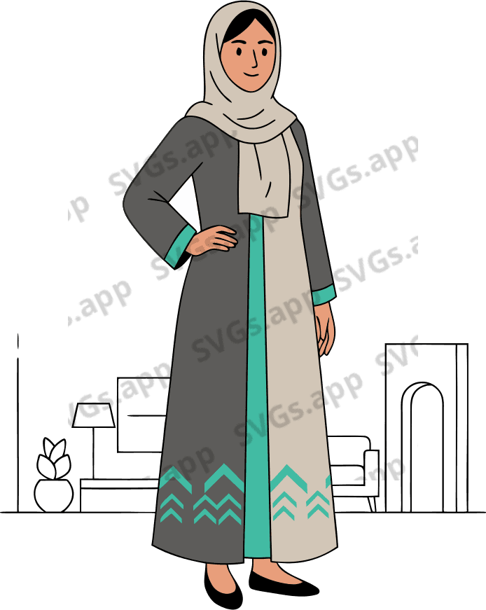 create a professional illustrated Saudi young woman character, early 20s, wearing a modest modern abaya and hijab in neutral colors, friendly elegant expression, soft natural makeup, confident posture, warm olive skin tone, medium-length dark hair under the hijab, realistic proportions, premium vector style, soft shadows, clean highlights, high-end illustration, cinematic lighting, minimal luxurious background related to housing & lifestyle, consistent character style required, full-body, high resolution. - Free AI SVG Vector Illustration