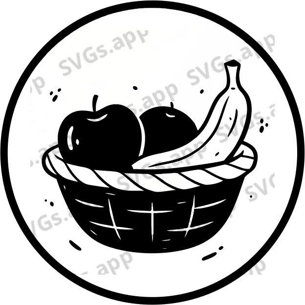 Minimal vector icon inside a circular badge: a fruit basket. Use bold clean outline, 2–3 large fruits only (apple, banana, orange), no small details, no texture, no shadows, no gradients. Single accent color + black outline. Plenty of negative space. Centered composition. Flat SVG style. - Free AI SVG Vector Illustration